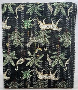 Sambhav Quilt Hub Handblock Jungle Tiger Print Handmade Cotton Kantha Quilting Throw Blanket Hippie Queen/King Size Bohemian Animal Block Kantha Quilt (Black)