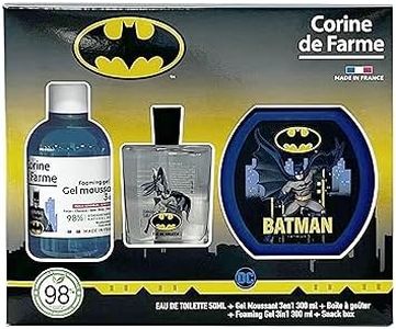 Corine de Farme - Coffret Batman avec Eau de Toilette 50ml, Bain Moussant 300ml et Boîte à Goûter - Cadeau pour Garçon - Parfum pour Enfant Senteur Musc Floral - Gel Fruité 3-en-1