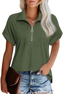 Vivilli Women's Short Sleeve Tops and Blouses Zipper Collar V Neck Business Casual Tops Loose Fit Tunic Shirt Polo Shirts, Army Green, Medium