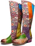 gracosy Knee Boots for Women, Knee High Boots Leather Flat Long Bootie Splicing Pattern Green 11 M US