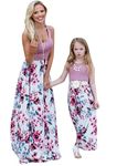 YMING Mommy and Me Casual Long Dress Maxi Beach Dress Stitching Maxi Floral Print Sundress Boho Crew Neck Dress Purple Floral L