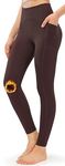 JOYSPELS Womens Fleece Lined Thermal Leggings with Pockets High Waisted Winter Warm Yoga Pants Gym Workout Fitness Running Thick Spandex Pants Brown L