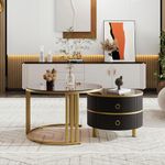 ModernLuxe 2-in-1 MDF Coffee Tables for Living Room, Brown Round Coffee Table with Tempered Glass and Golden Metal Frame Legs, Black Side Table with 2 Drawers, Modern Nest of Tables for Saving Space