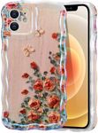 EYZUTAK Case for iPhone 11, Colorful Retro Oil Painting Printed Flower Laser Beam Glossy Pattern Cute Curly Waves Border Exquisite Phone Cover Stylish Durable TPU Protective Case for Girls Women-Beige