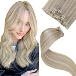 LaaVoo Clip in Hair Extensions Human Hair for Women Ash Blonde Highlights Bleach Blonde Real Hair Extensions Clip in Blonde Human Hair Clip in Extensions Double Weft 16 Inch 5pcs/80g