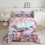 Watercolor Horse Comforter Set King Size 3 Pcs Pink Cherry Blossom Wild Animals Comforter for Kids Girls Teens Dreamy Natural Flowers Plabts Decor Bedding Set with 2 Pillowcases+1 Comforter