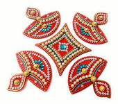 Handcrafted Decorative Diwali Rangoli Set – Multicolor Jewel Stone/Kundan Decorations on Red Acrylic Base – 5 Piece Set - for Home Décor