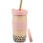 Duffy Reusable Boba Water Cup Set 730ml Wide Mouth Leakproof Large Capacity Storage Bottles Kit for Drinking Cold Smoothie Mugs Iced Office Home 24oz (Pink)