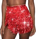 Ushiny Festival Outfit Sequin Tassel Skirt Costume Rave Mini Skirts Ballet Dance Fringe Hip Scarf Glitter Sequin Skirt for Women and Girls Red