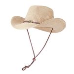 Womens Straw Cowboy Hat Western Beach Sun Hat for Men Wide Brim Fedora Hat Portable Cowgirl Hats Summer Panama Hat Beige