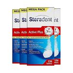 Steradent Active Plus, 136 Tablets X 4, 544 Tablets Total, Plaque Tablets, Denture Cleaner, White Teeth, Plaque Remover, Mint Fresh, Kills 99.9% Bacteria, Cleansers, Denture Care