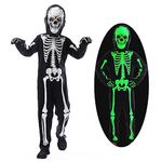 Wbesty Skeleton Costume Kids Glow in The Dark Boy Girls Halloween Scary Bodysuitwith Skeleton Hood Gloves, 12/13Y