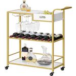 HOOBRO Bar Cart, 3-Tier Gold Drinks Trolley, Mobile Storage Trolley with Removable Tray, Kitchen Cart with Wine Rack and Cup Holders, for Dining Room, Home Bar, Party, Marble and Gold EDM29TC01