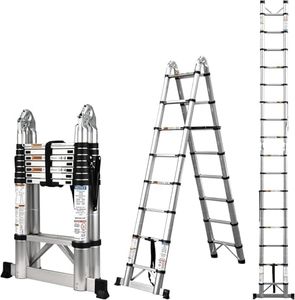 5.6M Aluminum Telescoping A-Frame Ladder with Non-Slip Rubber Feet, 150kg Capacity, Collapsible Extension Ladder Compact Lightweight for Outdoor Home and Work
