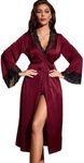 OYOANGLE Women's Satin Long Sleeve Bathrobe Lace Belted Bridesmaid Bride Party Robes Sleepwear Burgundy Large