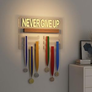 Ammonite Never GIVE UP Light up Medal Hanger Display, Holder Rack for Awards or Ribbons, Sports Themed Ribbon Holder for Wall Tiered Award Rack