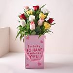 FlowerAura Fresh Live Flower Bouquet of 12 Mix Roses in Love Theme Box For Birthday Gift, Anniversary Gift, Wedding Gift, Congratulations Gift & Gift For Special Occasions (Same Day Delivery)