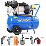 Hyundai 50 Litre Portable Air Compressor, 2.2kW, 116psi/14CFM, 3HP Air Compressor, Direct Drive V-Twin with 5 Piece Tool kit, Euro Quick Release Fittings, 2 Year Warranty Blue