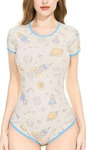 CutiePlusU Cotton Button in Crotch Bodysuits Adult Romper Basics Print Romper, Beige, 4X-Large
