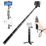 HSU Extendable Selfie Stick, Aluminum Handle Grip for GoPro Hero 12/11/10/9/8/7/6/5/4/3, other Action Cameras and Smartphones