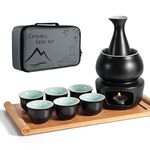 Ceramic Sake Set with Warmer Pot Bamboo Tray, Stovetop Traditional Porcelain Japanese Pottery Hot Saki Drink, 10pcs Set 1 Stove 1 Warming Bowl 1 Sake Bottle 1 Tray 6 Cup Keep + Sake Storage Gift Box (Black)