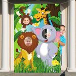 DPKOW Jungle Safari Animals Birthday Party Photo Prop, Fabric Jungle Animals Wild One Backdrop Door Banner, Funny Jungle Animals Face in Hole Game for Jungle Safari Party Decoration