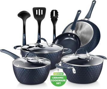 11-Piece Nonstick Kitchen Cookware Set - Excilon Blue Diamond Ceramic Home Kitchen Ware Pots and Pan Set with Saucepan, Frying Pans, Cooking Pots, Dutch Oven Pot, Lids, Utensil - NutriChef NCCW11DS