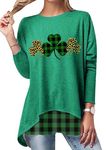 WIWIQS Women’s Shamrock Round Neck Irish Pullover Shirt Tunic Top Graphic Cute Clover Green Leaf Sweatshirts Plaid Green XL