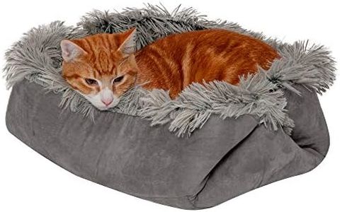 Furhaven Small Cat Bed Self-Warming Long Faux Fur & Suede Convertible Cuddler, Washable - Gray, Small