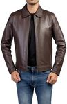 Jild Polo Collar Premium Leather Jacket Men - Old School Classic Style Everyday Wear Real Lambskin Mens Leather Jacket (Polo-Brown-4XL)