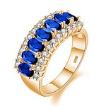 Uloveido Gold Plated 7 Stones Mother Ring, Oval Cut Simulated Sapphire Wedding Band Cubic Zirconia Jewelry J501 (Gold, Dark Blue, Size 8)