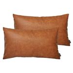 HOMFINER Set of 2 Thick Faux Leather Lumbar Throw Pillow Covers 12x20, Modern Farmhouse Boho Small Long Accent Scandinavian Decor Rectangle Decorative Cushion Cases for Couch Bed Sofa Cognac Brown