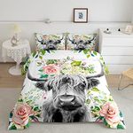 Loussiesd Highland Cow Bedding Set Kids Rose Floral Bull Cattle Duvet for Girls Teens Western Wildlife Animal Comforter Farmhouse Duvet Set Room Decor Quilt Set Single Size