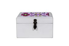 CONTRAST LIVING Kanira Wooden Decorative Jewellery Painted Box with Cotton Fabric on top (Fabric Colour-Pink&White) (Medium, White)