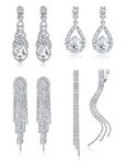 Diamday 4 Pairs Silver Clip on Dangle Earrings for Women Rhinestone Tassle Earrings Angel Wings Sparkly Chandelier Earrings for Brides Bridesmaids Wedding Prom Jewelry Non Pierced