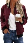 ECOWISH Women's Casual Floral Zip Up Bomber Jacket Coat Stand Collar Lightweight Short Outwear Tops Windbreaker with Pockets S-Wine Red Large