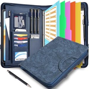 NATISERAUM Padfolio Portfolio Binder with Handle, 3-Ring Folder Organizer, Vegan Leather Portfolio with Notepad Includes 5 Dividers with 10 Pockets for Documents Filesfor Documents Files and 1 Pen