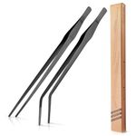 Aquarium Tweezers Extra Long 15 inches, 2 Pcs Stainless Steel Straight and Curved Tweezers for Fish Tank Plant Aquascape Tools, Feeding Tongs with Black Anti-Rust Coating