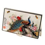 Mother of Pearl Peacock Pair Butterfly Peony Flower RFID Blocking Protection Business Credit Name Card Holder Case Metal Stainless Steel Engraved Slim Purse Pocket Cash Money Wallet