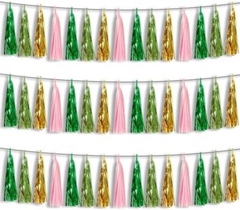 3P Sage-Green Pink-Gold Foil Fringe Metallic Tassel Garland, Tassels Banner Streamers for Parade Floats, Bachelorette, Wedding, Birthday, Halloween, Christmas, Bridal/Baby Shower Party Decorations