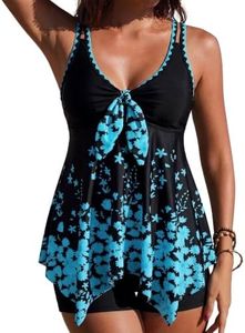 Firpearl Modest Tankini Swimsuits for Women Two Piece Bathing Suits Long Torso Flowy Swim Tops with Board Shorts L/US10-12 Black&Cyan Floral