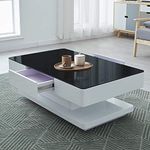 OFCASA Coffee Table with 2 Drawers for Living Room High Gloss Coffee Table with Black Glass Top Wood Storage Cabinet for Living Room Home Office 100 x 60 x 35cm