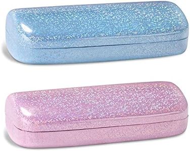 molshine 2 Pieces Glitter Hard Shell Eyeglasses Case,Portable Dazzling Glasses Case for Women Men Girl Travel Study Work, Blue & Pink, Medium