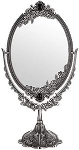 JUXYES Metal Tabletop Antique Decorative Makeup Mirror with Stand, Vintage Swivel Double Sided Cosmetic Mirror with Frame, Retro Desktop Oval Dressing Mirror for Bathroom Bedroom