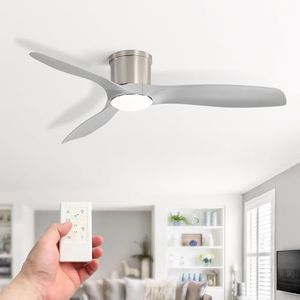 CACI Mall 52 inch Ceiling Fans with Lights, Low Profile Flush Mount Modern LED Ceiling Fan, Compatible with Alexa/Google/App, Quiet DC Motor, 6-Speed Ceiling Fan for Bedroom Living Room Patio, Silver