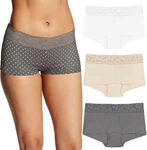 Maidenform Pack, Dream Lace Boyshorts, Cotton Panties for Women, 3-Pack, White/Latte/Grey Dot, XX-Large