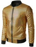 JOGAL Men's Metallic Sequins Gold Bomber Jacket 70s Disco Party Costume Large Gold