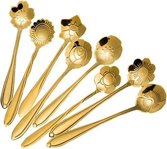 Stainless Steel Tableware Creative Flower Coffee Spoon, Sugar Spoon, Stirring Spoon, Mixing Spoon, Stir Bar Spoon, Tea Spoon, Ice Tea Spoon for Tea, Cake, Sugar, Dessert Ice Cream Spoon, Set of 8,Gold