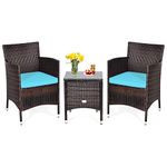 KOTEK 3 Piece Patio Furniture Set, Outdoor Wicker Conversation Set w/Glass Top Coffee Table, Thick Cushions, Rattan Bistro Set for Patio, Garden, Porch, Lawn (Blue)