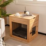 Giantex Dog Crate Furniture, Wooden Dog Kennel End Table with Removable Cushion, Storage Drawer, Latched Door, Wireless and Wired Charging, Furniture-Style Crate Side Table (Wood Color)